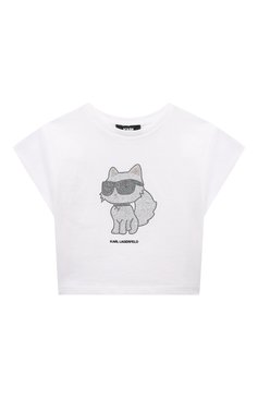 Детская хлопковая футболка KARL LAGERFELD KIDS белого цвета, арт. Z30113 | Фото 1 (Рукава: Короткие; Материал внешний: Хлопок; Драгоценные камни: Проставлено; Материал сплава: Проставлено; Девочки Кросс-КТ: футболка-одежда; Ростовка одежда: 5 лет | 110 см, 12 лет | 152 см, 16 лет | 164 см, 13 - 15 лет | 158 см, 7 лет | 122 см, 9 лет | 134 см)
