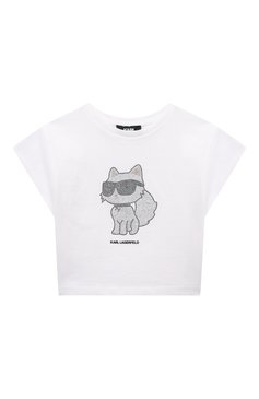 Детская хлопковая футболка KARL LAGERFELD KIDS белого цвета, арт. Z30113 | Фото 1 (Девочки Кросс-КТ: футболка-одежда; Рукава: Короткие; Материал сплава: Проставлено; Материал внешний: Хлопок; Драгоценные камни: Проставлено; Ростовка одежда: 5 лет | 110 см, 12 лет | 152 см, 16 лет | 164 см, 13 - 15 лет | 158 см, 7 лет | 122 см, 9 лет | 134 см)