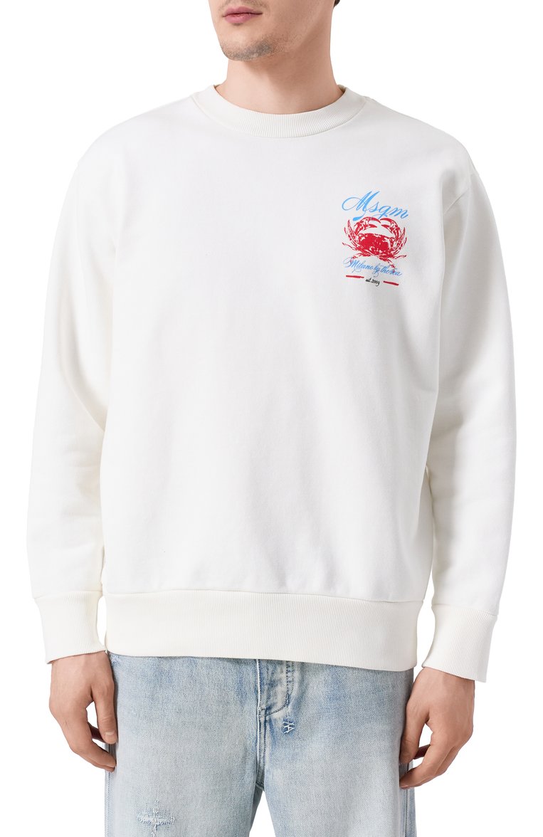Мужской хлопковый свитшот MSGM белого цвета, арт. 3840MM115/257099 | Фото 3 (Рукава: Длинные; Материал сплава: Проставлено; Драгоценные камни: Проставлено; Длина (для топов): Стандартные; Мужское Кросс-КТ: свитшот-одежда; Стили: Кэжуэл; Принт: С принтом; Материал внешний: Хлопок)