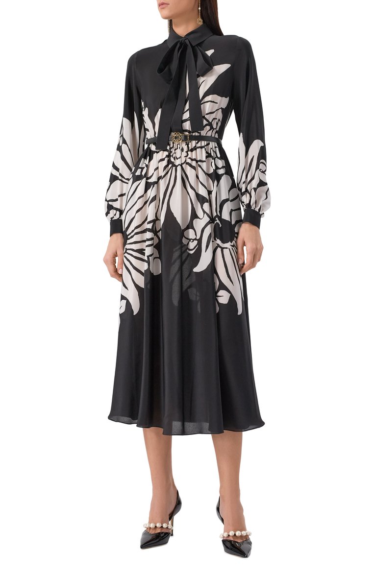 Женское шелковое платье ELIE SAAB черного цвета, арт. D0504 | Фото 3 (Длина Ж (юбки, платья, шорты): Миди; Материал внешний: Шелк; Рукава: Длинные; Женское Кросс-КТ: Платье-одежда; Случай: Повседневный; Стили: Романтичный)