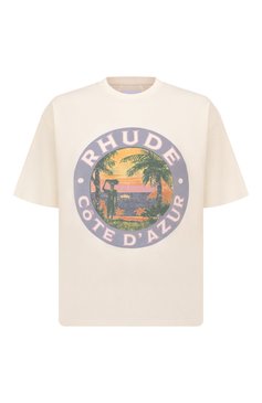 Мужская хлопковая футболка RHUDE кремового цвета, арт. RHPS24TT01012611 | Фото 1 (Рукава: Короткие; Материал сплава: Проставлено; Драгоценные камни: Проставлено; Материал внешний: Хлопок; Длина (для топов): Стандартные; Принт: С принтом; Стили: Спорт-шик; Мужское Кросс-КТ: Футболка-одежда; Кросс-КТ: Джерси)