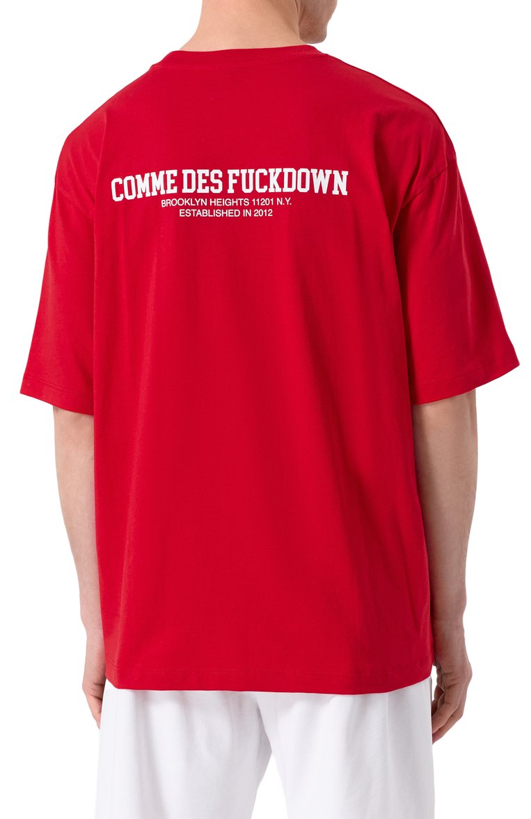 Мужская хлопковая футболка COMME DES FUCKDOWN красного цвета, арт. CFABM01623 | Фото 4 (Рукава: Короткие; Материал внешний: Хлопок; Длина (для топов): Стандартные; Стили: Гранж; Принт: С принтом; Мужское Кросс-КТ: Футболка-одежда; Кросс-КТ: Джерси)