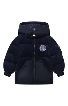 Детская утепленная куртка из вельвета MOSCHINO синего цвета, арт. HUS044/LWA04/4A-8A | Фото 1 (Рукава: Длинные; Драгоценные камни: Проставлено; Материал подклада: Вискоза; Материал внешний: Хлопок; Материал сплава: Проставлено)