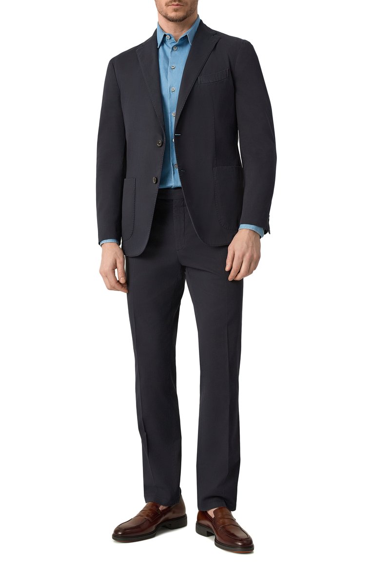 Мужская хлопковая рубашка GIORGIO ARMANI голубого цвета, арт. GM001509/AF15417 | Фото 2 (Материал внешний: Хлопок; Рукава: Длинные; Длина (для топов): Стандартные; Случай: Повседневный; Манжеты: На пуговицах; Стили: Кэжуэл; Принт: Однотонные; Воротник: Кент)