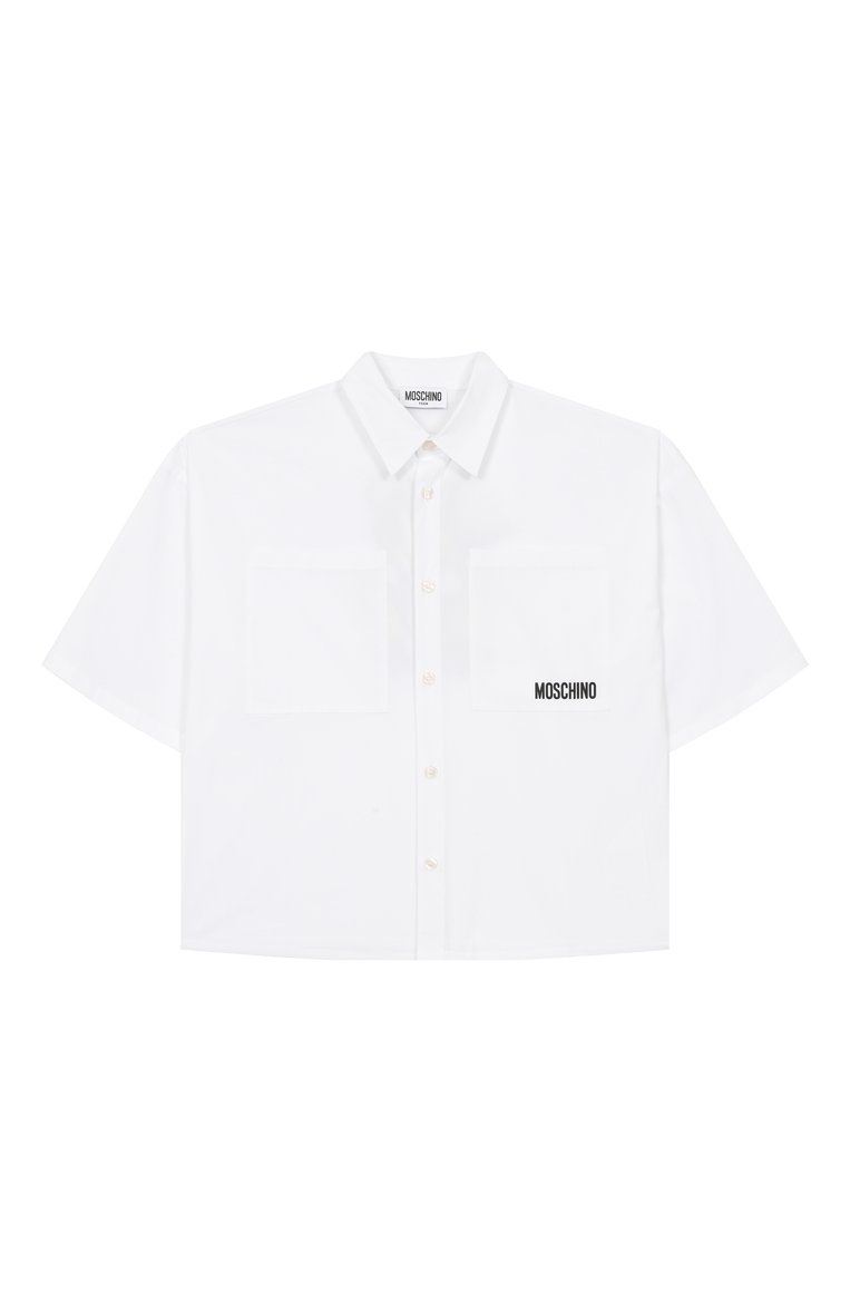 Детская хлопковая рубашка MOSCHINO белого цвета, арт. HUC01H/LMA01/4-8 | Фото 1 (Рукава: Короткие; Материал внешний: Хлопок; Случай: Повседневный; Ростовка одежда: 4 года | 104 см, 5 лет | 110 см, 6 лет | 116 см, 8 лет | 128 см)