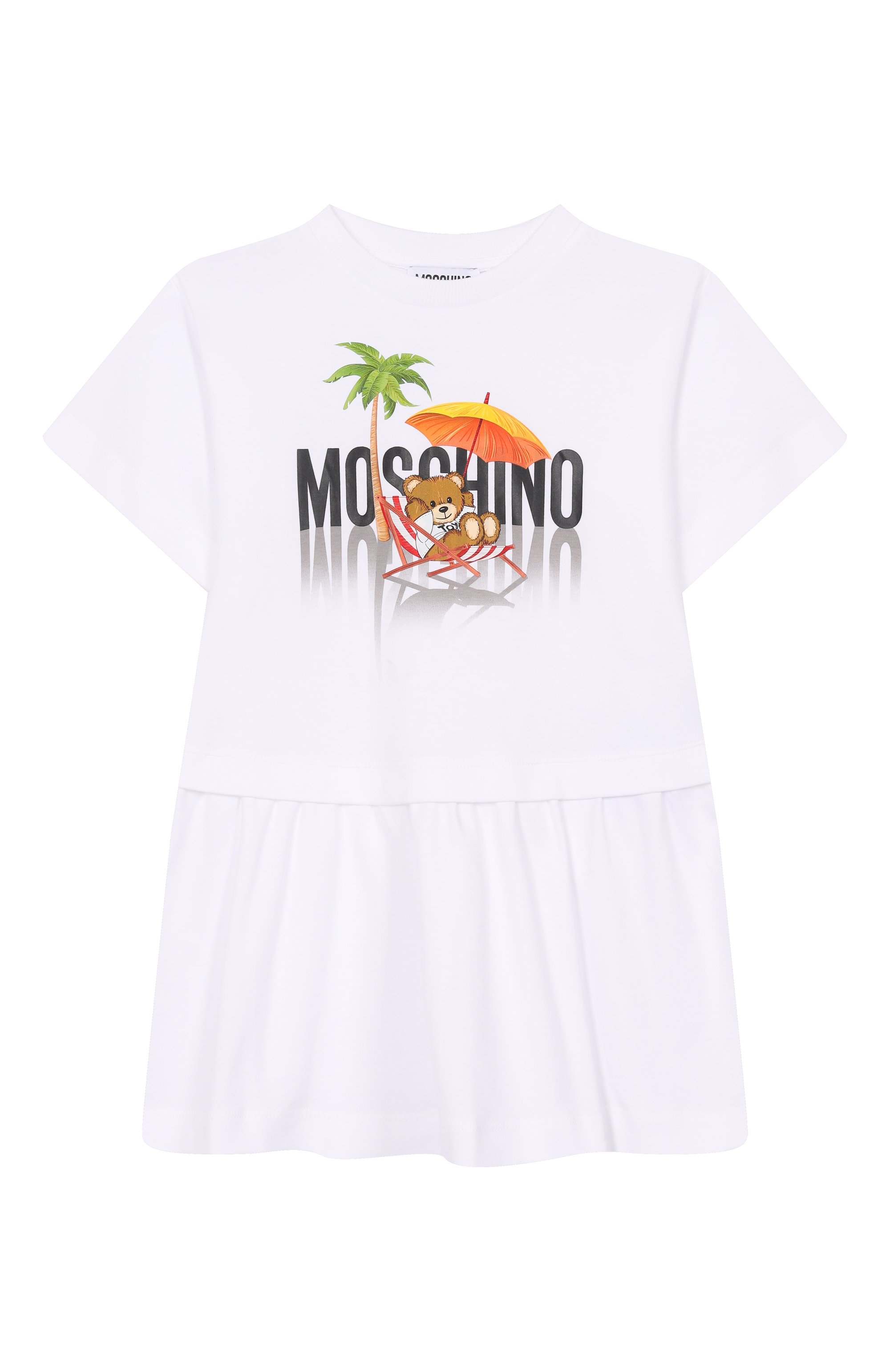 Хлопковое платье MOSCHINO белого цвета по цене 11800 руб., арт. HDV0G7/LAA42/4-8, фото 1 Хлопковое платье MOSCHINO, арт. HDV0G7/LAA42/4-8, фото 1