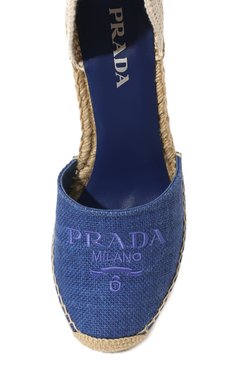 Женские текстильные босоножки PRADA синего цвета, арт. 1IZ045-376-F0013-090 | Фото 6 (Каблук тип: Танкетка; Материал внешний: Текстиль; Подошва: Платформа; Каблук высота: Высокий; Материал сплава: Проставлено; Драгоценные камни: Проставлено; ширина носка стельки: 7,5; толщина подошвы: 2)