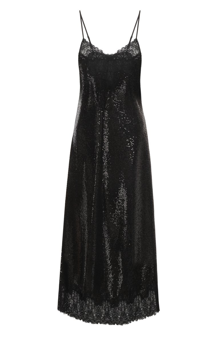 Женское платье с отделкой пайетками THE KOOPLES черного цвета, арт. FR0B30018K | Фото 1 (Длина Ж (юбки, платья, шорты): Макси; Материал сплава: Проставлено; Драгоценные камни: Проставлено; Женское Кросс-КТ: Платье-одежда; Случай: Коктейльный; Стили: Гламурный; Рукава: На бретелях; Материал внешний: Синтетический материал)
