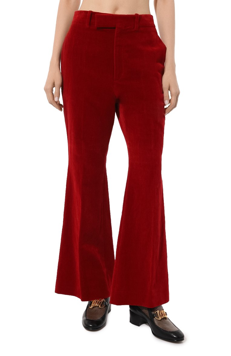 Женские бархатные брюки GUCCI красного цвета, арт. 616539 Z328H | Фото 3 (Стили: Гламурный; Материал внешний: Хлопок, Лен; Длина (брюки, джинсы): Стандартные; Женское Кросс-КТ: Брюки-одежда; Силуэт Ж (брюки и джинсы): Расклешенные; Драгоценные камни: Проставлено; Материал сплава: Проставлено)