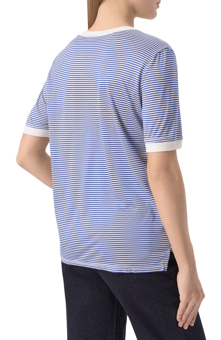 Женская шелковая футболка KITON синего цвета, арт. D59441K0922E01 | Фото 4 (Рукава: Короткие; Материал внешний: Шелк; Длина (для топов): Стандартные; Принт: С принтом; Стили: Кэжуэл)