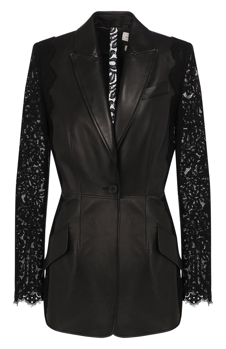 Женский кожаный жакет ALEXANDER MCQUEEN черного цвета, арт. 610853/Q5ACZ | Фото 1 (Рукава: Длинные; Длина (для топов): Удлиненные; Случай: Вечерний; 1-2-бортные: Однобортные; Женское Кросс-КТ: Жакет-одежда; Материал внешний: Натуральная кожа)