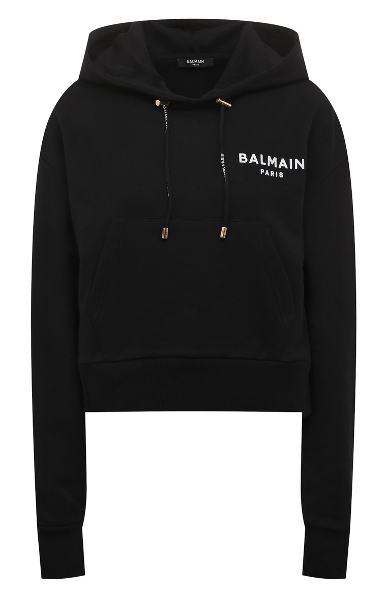 Женский хлопковое худи BALMAIN черного цвета, арт. AF1JP000/BB01 | Фото 1 (Длина (для топов): Стандартные; Материал внешний: Хлопок; Рукава: Длинные; Стили: Спорт-шик; Женское Кросс-КТ: Худи-одежда; Автоматизация состава: Проставлено; Автоматизация ТО: Проставлено)
