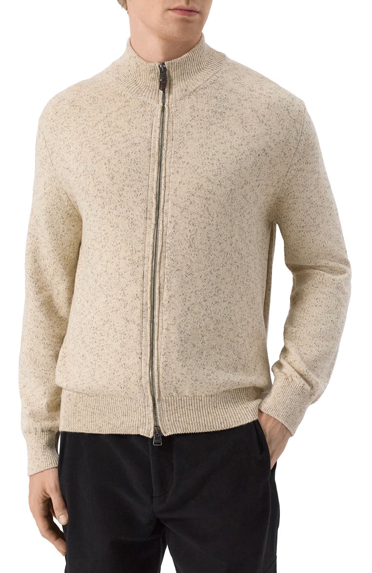 Мужской хлопковый кардиган CANALI бежевого цвета, арт. C1105/MK02266 | Фото 3 (Рукава: Длинные; Материал внешний: Хлопок; Длина (для топов): Стандартные; Стили: Кэжуэл; Мужское Кросс-КТ: Кардиган-одежда; Застежка: Молния)