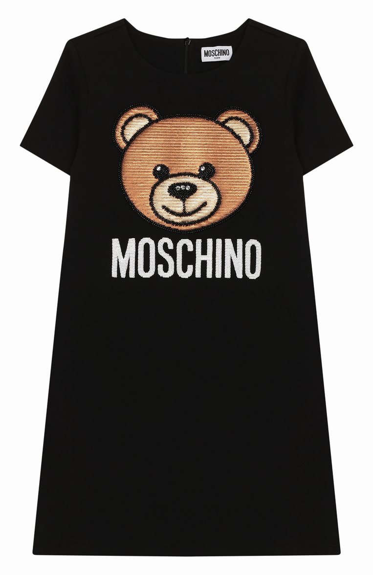 Детское хлопковое платье MOSCHINO черного цвета, арт. HAV088/LDA12/10A-14A | Фото 1 (Материал внешний: Хлопок; Принт: С принтом; Рукава: Короткие; Девочки Кросс-КТ: Платье-одежда; Случай: Повседневный; Ростовка одежда: 10 - 11 лет | 140 - 146см, 12 лет | 152 см, 13 - 15 лет | 158 см)