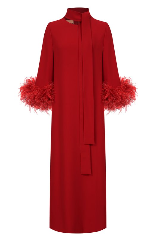 Шелковое платье с отделкой перьями Valentino 8B3VAHJ2/1MM Красный 8B3VAHJ2/1MM