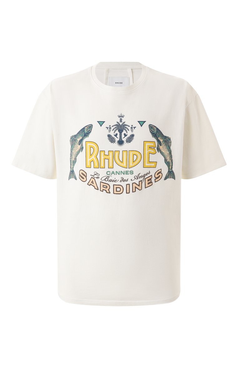 Мужская хлопковая футболка RHUDE белого цвета, арт. RHPS25TT09012 | Фото 1 (Драгоценные камни: Проставлено; Материал сплава: Проставлено; Длина (для топов): Стандартные; Рукава: Короткие; Принт: С принтом; Стили: Кэжуэл; Материал внешний: Хлопок; Мужское Кросс-КТ: Футболка-одежда; Кросс-КТ: Джерси)