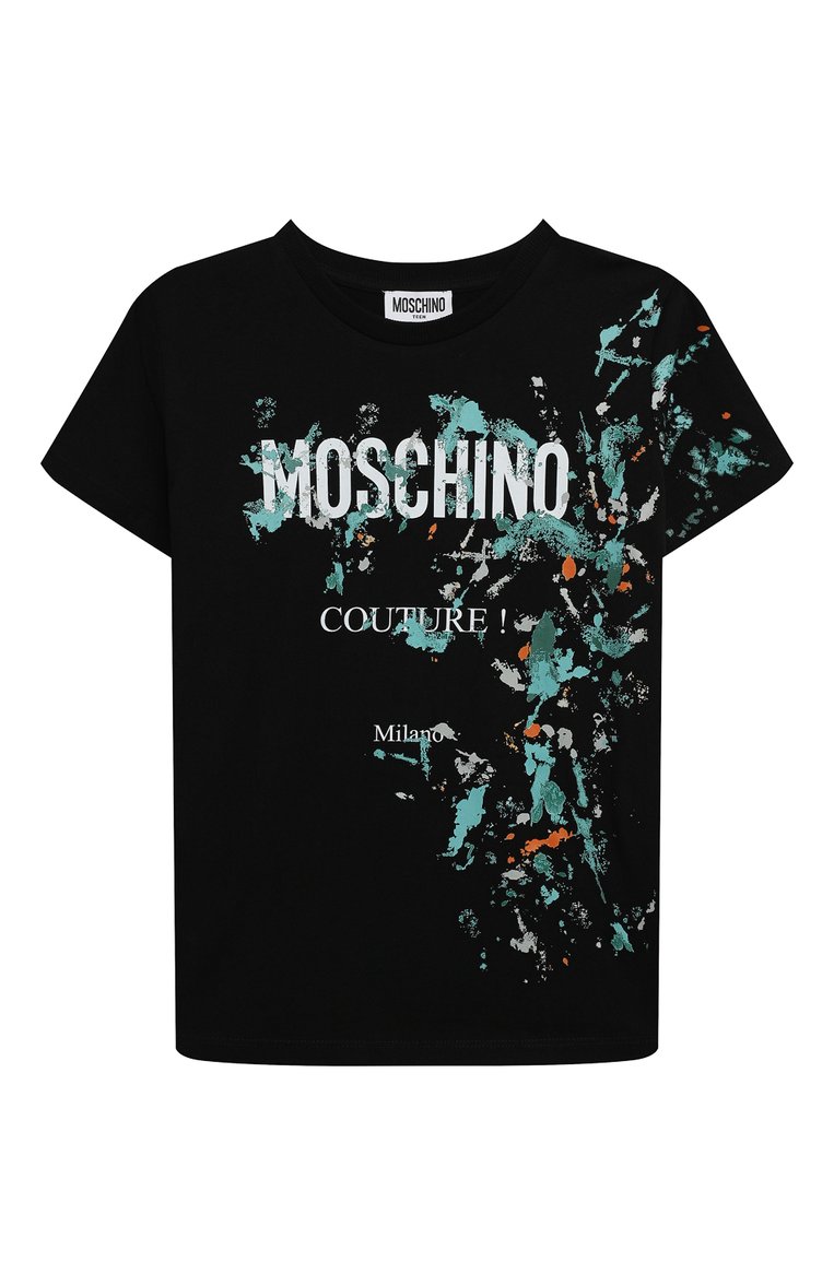 Детская хлопковая футболка MOSCHINO черного цвета, арт. H0M04L/LAA24/4-8 | Фото 1 (Материал сплава: Проставлено; Рукава: Короткие; Материал в�нешний: Хлопок; Драгоценные камни: Проставлено; Мальчики Кросс-КТ: Футболка-одежда; Ростовка одежда: 6 лет | 116 см, 8 лет | 128 см)