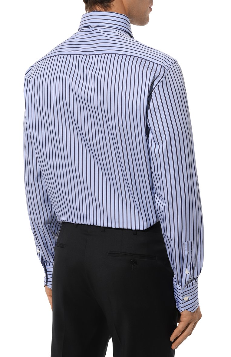 Мужская хлопковая сорочка ZEGNA голубого цвета, арт. 701529A7/9MS0BA | Фото 5 (Материал внешний: Хлопок; Рукава: Длинные; Длина (для топов): Стандартные; Манжеты: На пуговицах; Стили: Кэжуэл; Принт: Полоска; Рубашки М: Slim Fit; Случай: Повседневный; Воротник: Акула; Детали: Без декора; Автоматизация ТО: Проставлено; Автоматизация состава: Проставлено)