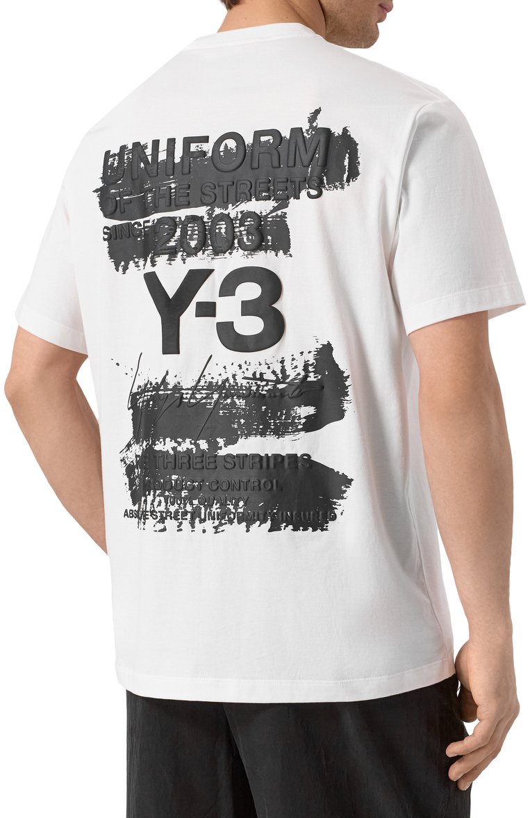 Мужская хлопковая футболка Y-3 белого цвета, арт. JM7815 | Фото 4 (Материал внешний: Хлопок; Рукава: Короткие; Длина (для топов): Стандартные; Мужское Кросс-КТ: Футболка-одежда; Стили: Гранж; Принт: С принтом)