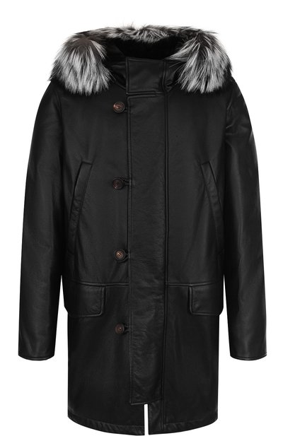 Мужская кожаный пуховик с меховой отделкой капюшона BRIONI, арт. PUD40L/07714