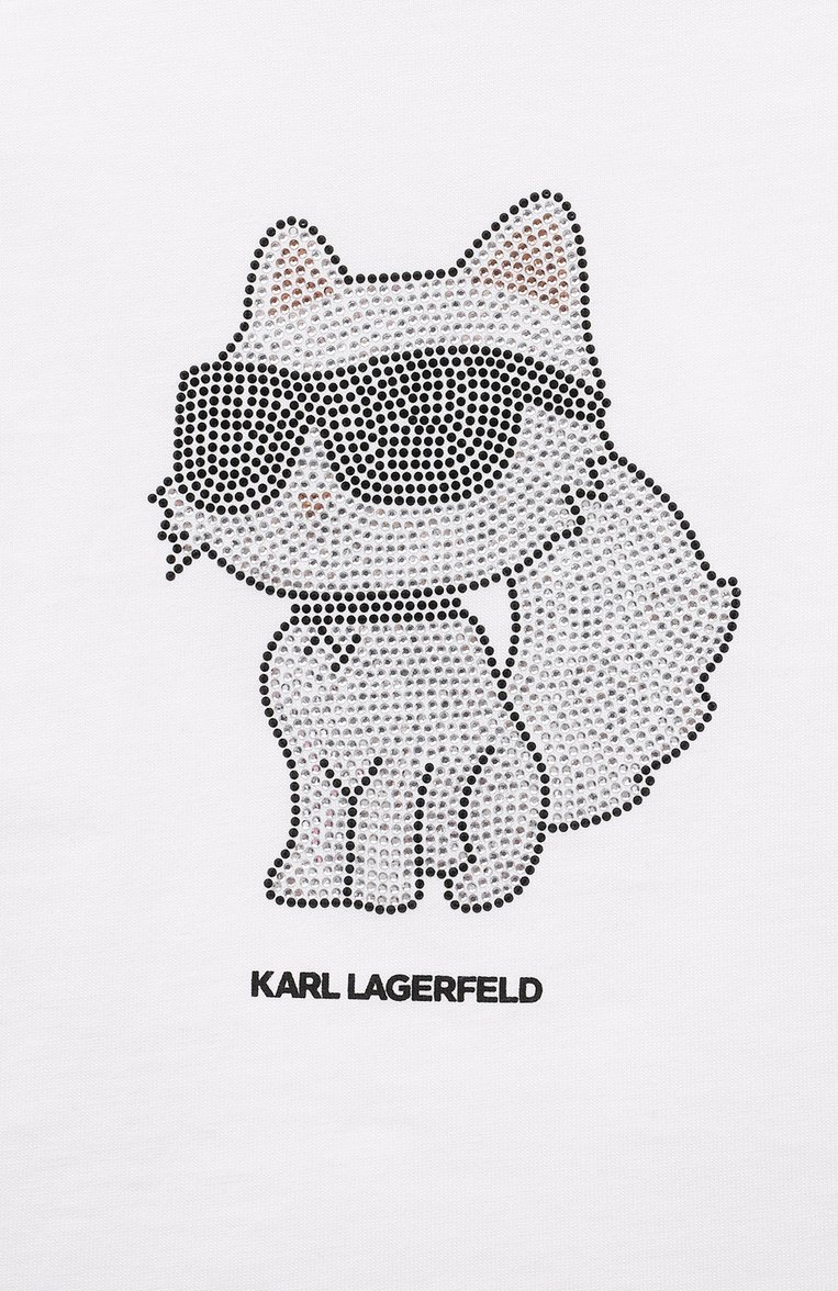 Детская хлопковая футболка KARL LAGERFELD KIDS белого цвета, арт. Z30113 | Фото 3 (Рукава: Короткие; Материал внешний: Хлопок; Драгоценные камни: Проставлено; Материал сплава: Проставлено; Девочки Кросс-КТ: футболка-одежда; Ростовка одежда: 5 лет | 110 см, 12 лет | 152 см, 16 лет | 164 см, 13 - 15 лет | 158 см, 7 лет | 122 см, 9 лет | 134 см)