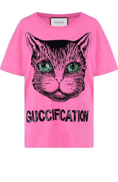 Женская хлопковая футболка с круглым вырезом и принтом GUCCI, арт. 492347/X3L42