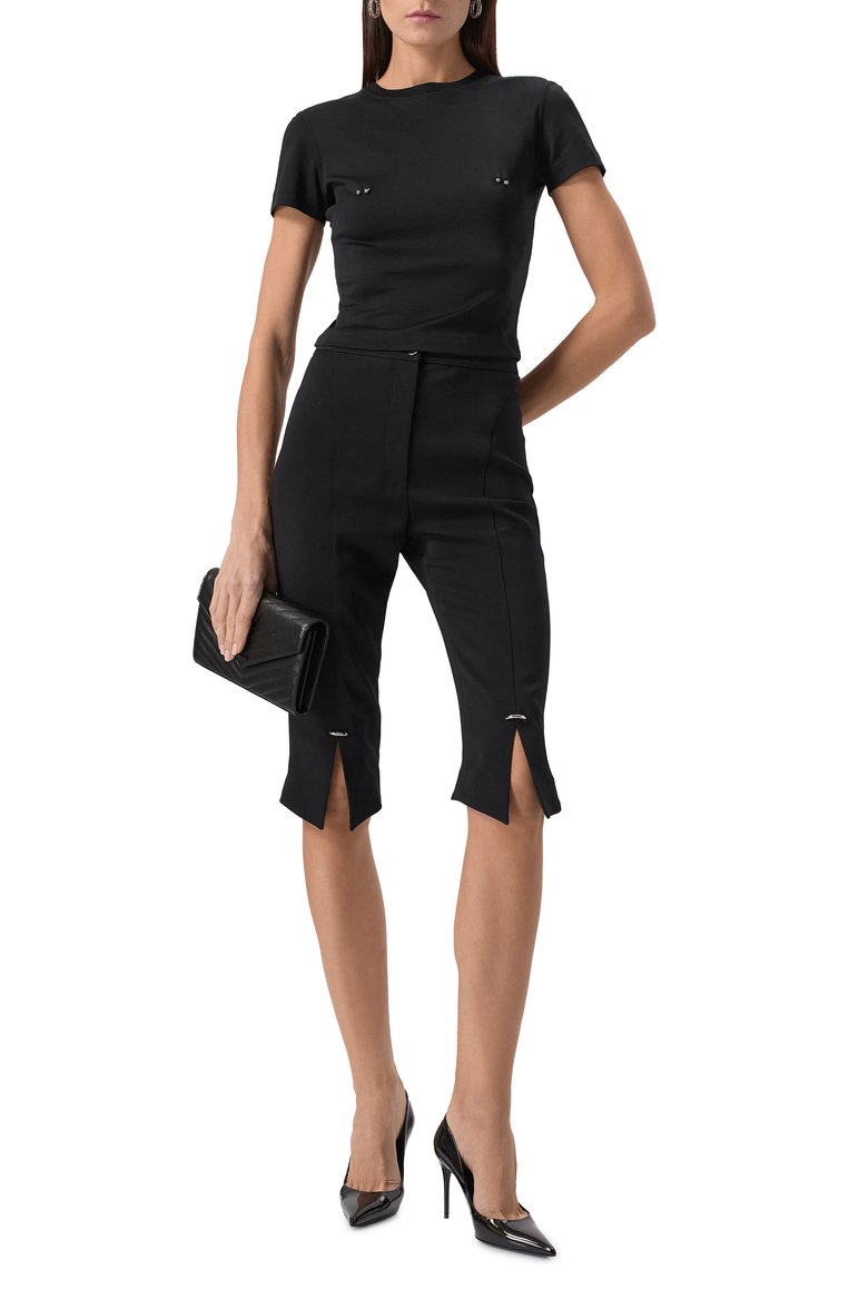 Женский хлопковый топ MUGLER черного цвета, арт. 25P3TS01086016 | Фото 2 (Рукава: Короткие; Длина (для топов): Укороченные; Принт: Без принта; Стили: Гламурный, Панк; Материал внешний: Хлопок)