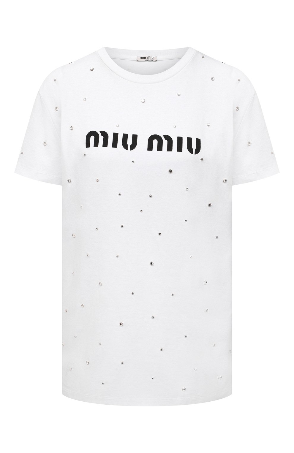 Хлопковая футболка MIU MIU белого цвета по цене 115000 руб., арт. MJN240-1XE1-F0009, фото 1 Хлопковая футболка MIU MIU, арт. MJN240-1XE1-F0009, фото 1