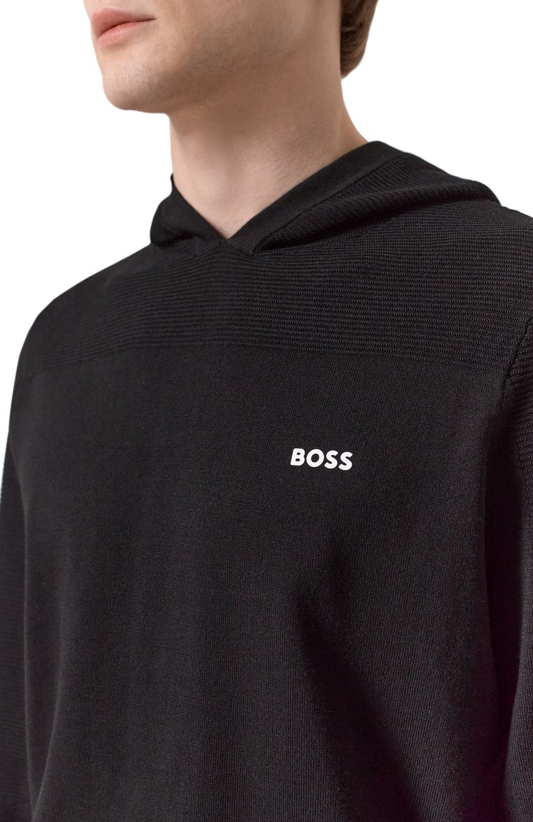 Мужской худи BOSS GREEN черного цвета, арт. 50528865 | Фото 5 (Рукава: Длинные; Длина (для топов): Стандартные; Материал внешний: Шерсть, Синтетический материал; Принт: Без принта; Мужское Кросс-КТ: Худи-одежда; Стили: Кэжуэл)
