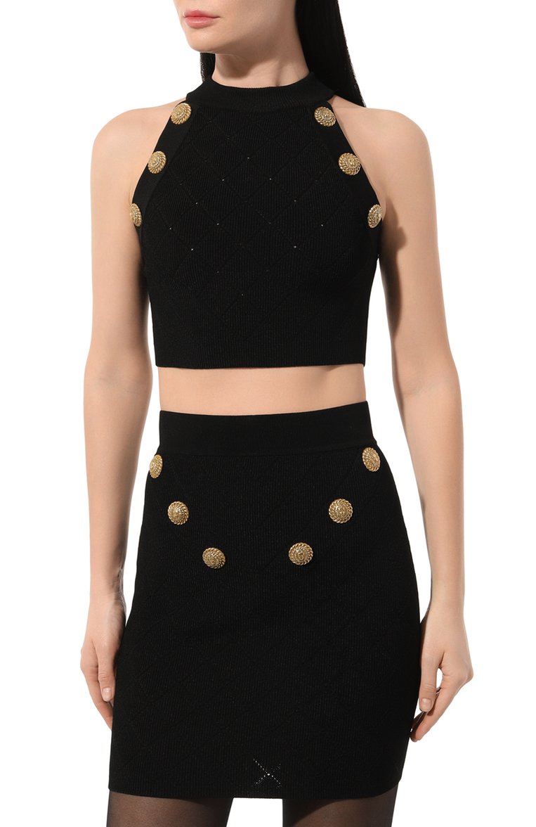 Женский топ из вискозы BALMAIN черного цвета, арт. CF1AB390/KF53 | Фото 3 (Материал сплава: Проставлено; Длина (для топов): Укороченные; Материал внешний: Вискоза; Драгоценные камни: Проставлено; Стили: Романтичный)