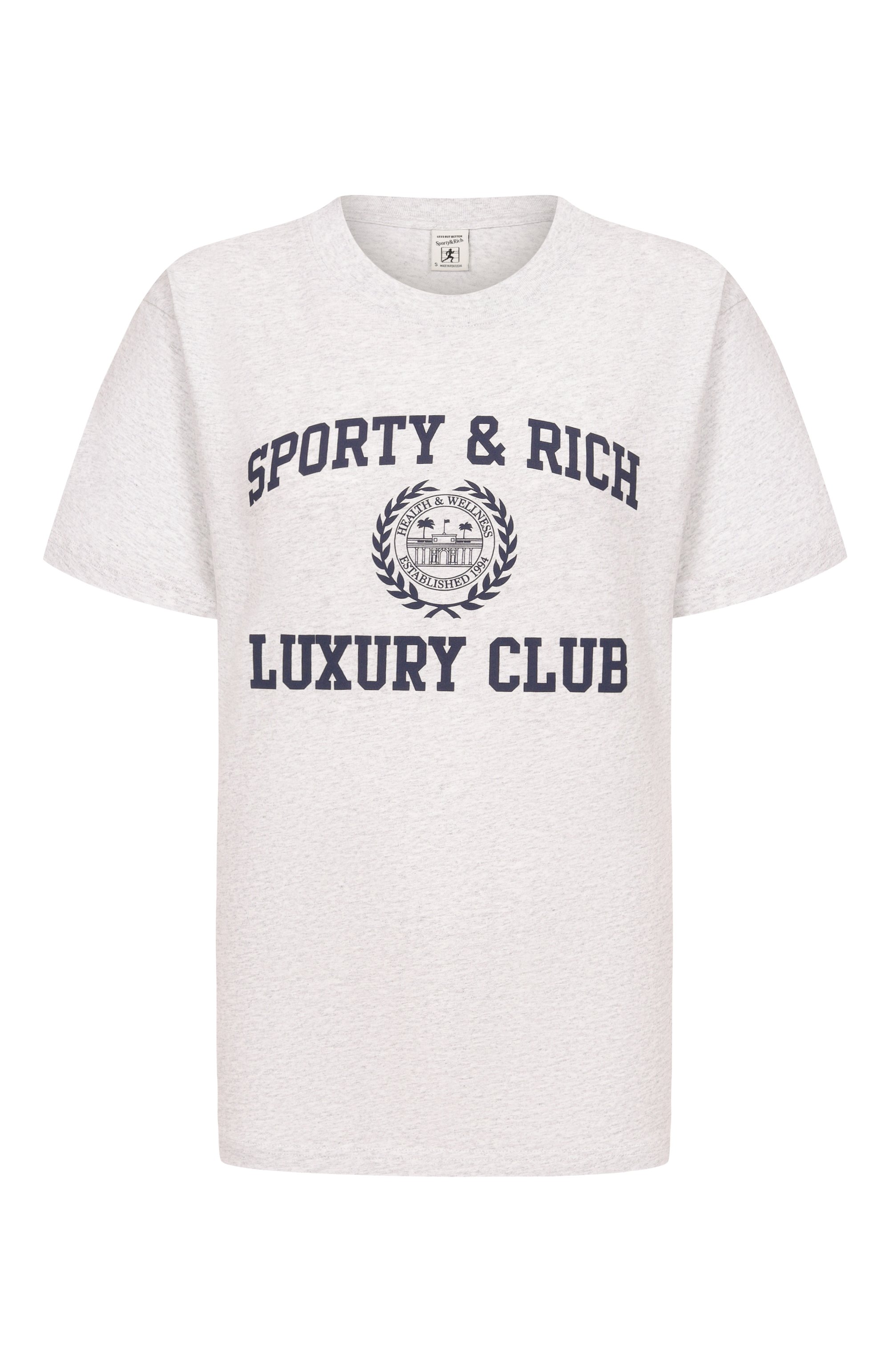 Хлопковая футболка luxury club SPORTY AND RICH серого цвета по цене 13600 руб., арт. T01087842GY03/S&R LUXURY CLUB T-SHIRT, фото 1 Хлопковая футболка luxury club SPORTY AND RICH, арт. T01087842GY03/S&R LUXURY CLUB T-SHIRT, фото 1