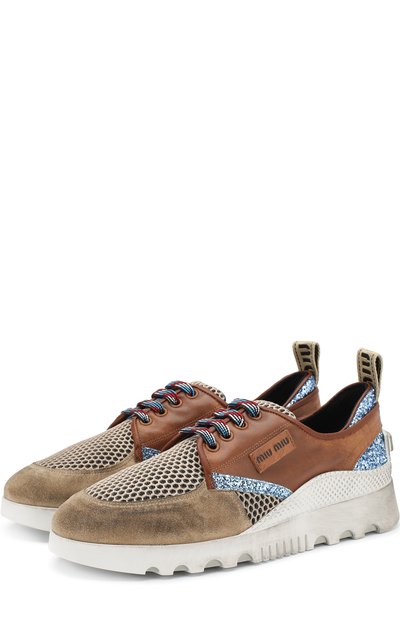 Комбинированные кроссовки с глиттером на шнуровке MIU MIU, арт. 5E910B/3KFR, фото 1