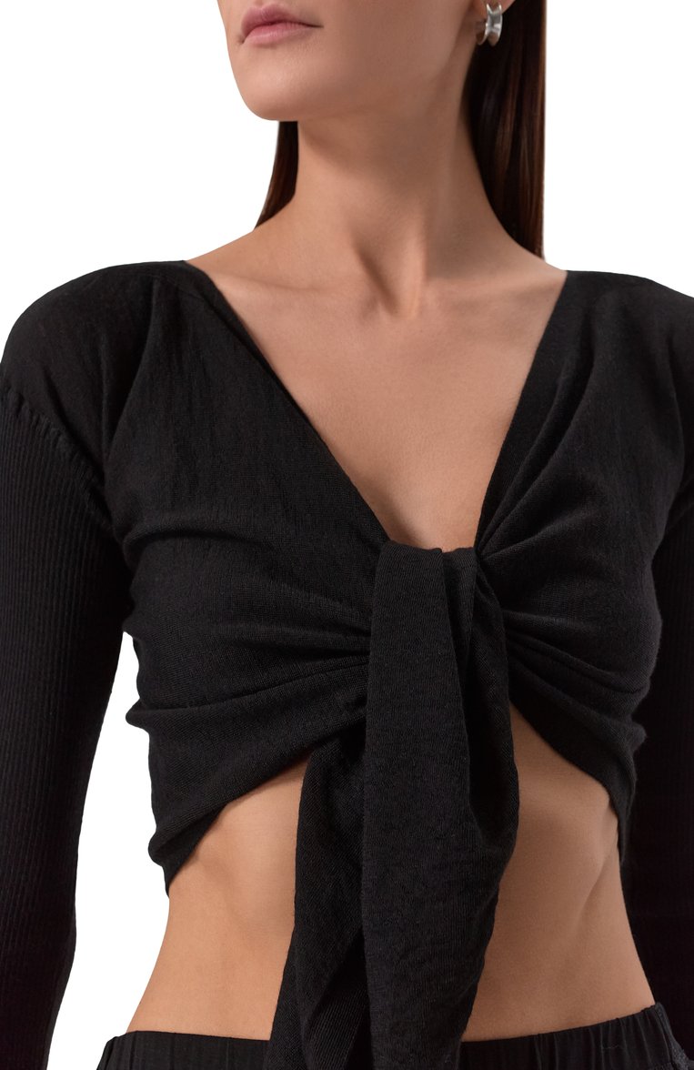 Женский шерстяной кардиган RICK OWENS черного цвета, арт. RP01E7645/M | Фото 5 (Материал внешний: Шерсть; Длина (для топов): Укороченные; Рукава: Длинные; Женское Кросс-КТ: кардиган-трикотаж; Стили: Минимализм; Застежка: Без застежки, Пояс)