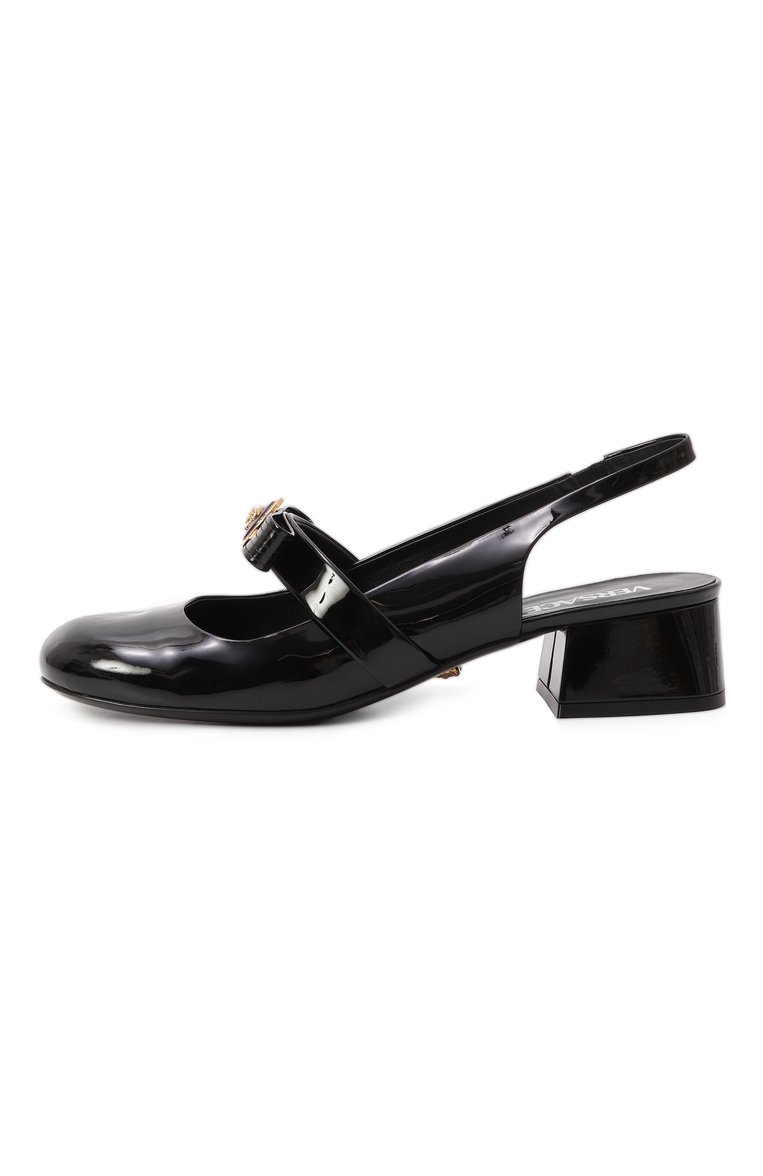 Женские лакированные туфли gianni ribbon 35 VERSACE черного цвета, арт. 1018457/D2VE | Фото 4 (Материал внешний: Натуральная кожа; Каблук высота: Низкий; Материал внутренний: Натуральная кожа; Подошва: Плоская; Каблук тип: Устойчивый; Женское Кросс-КТ: Слингбэки; Автоматизация состава: Проставлено; Автоматизация ТО: Проставлено)