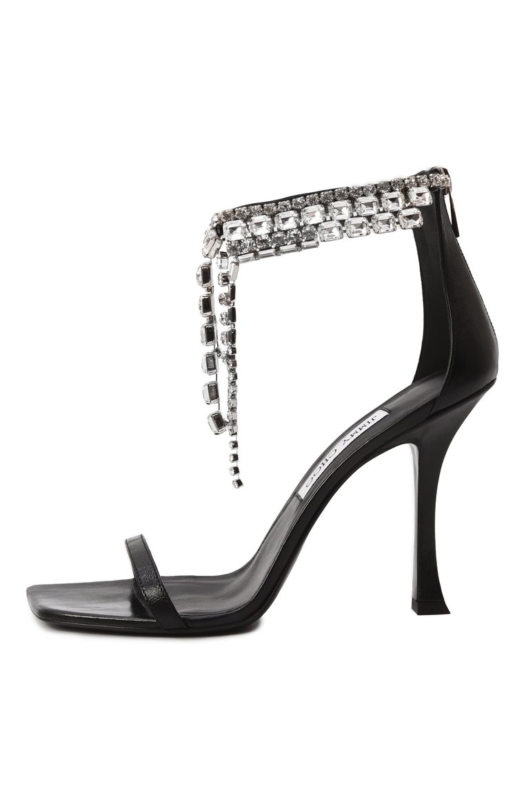 Женские кожаные босоножки verity 100 JIMMY CHOO черного цвета, арт. VERITY SANDAL 100/BYK | Фото 4 (Драгоценные камни: Проставлено; Материал сплава: Проставлено; Материал внешний: Натуральная кожа; Подошва: Плоская; Материал внутренний: Натуральная кожа; Каблук высота: Высокий; Каблук тип: Шпилька)