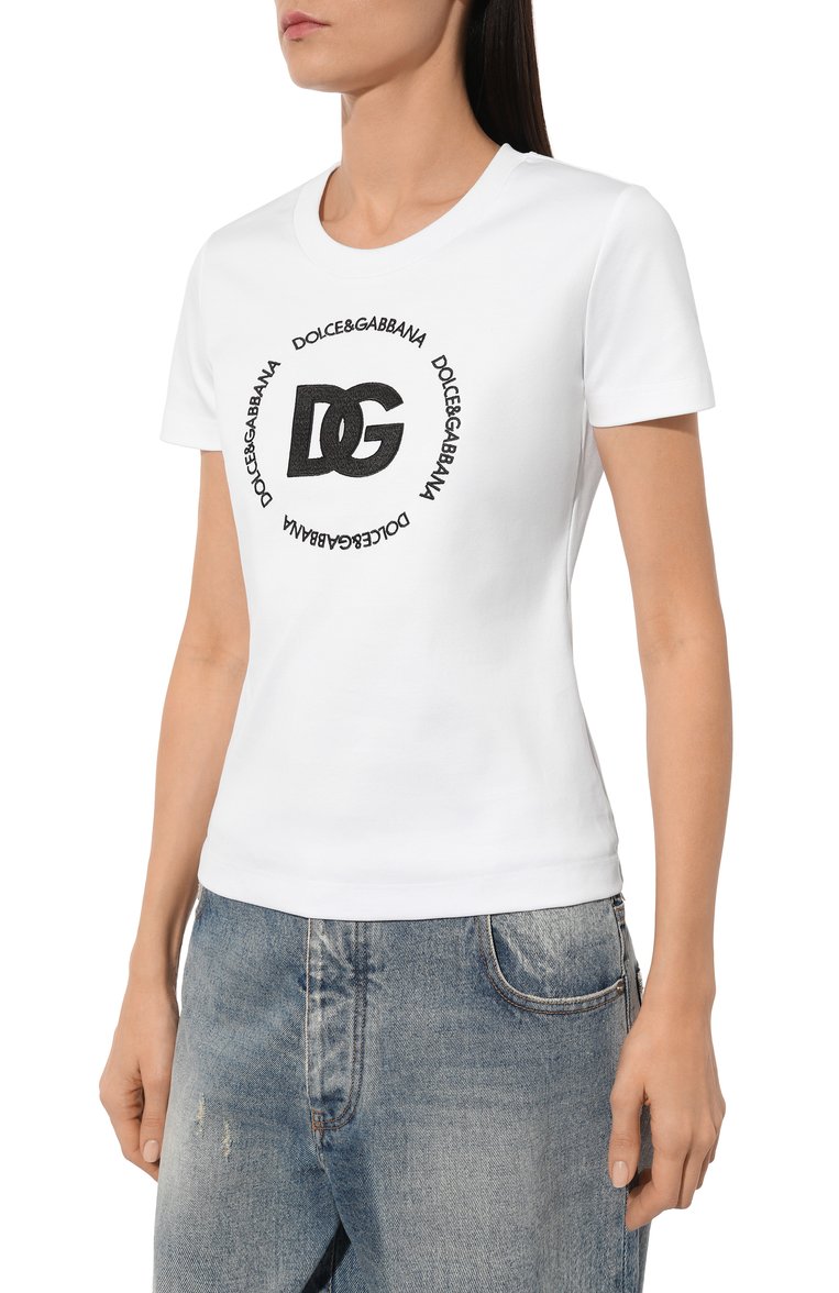 Женская хлопковая футболка DOLCE & GABBANA белого цвета, арт. F8T00Z/GDB5U | Фото 3 (Материал внешний: Хлопок; Длина (для топов): Стандартные; Рукава: Короткие; Принт: С принтом; Стили: Кэжуэл; Автоматизация ТО: Проставлено; Автоматизация состава: Проставлено)