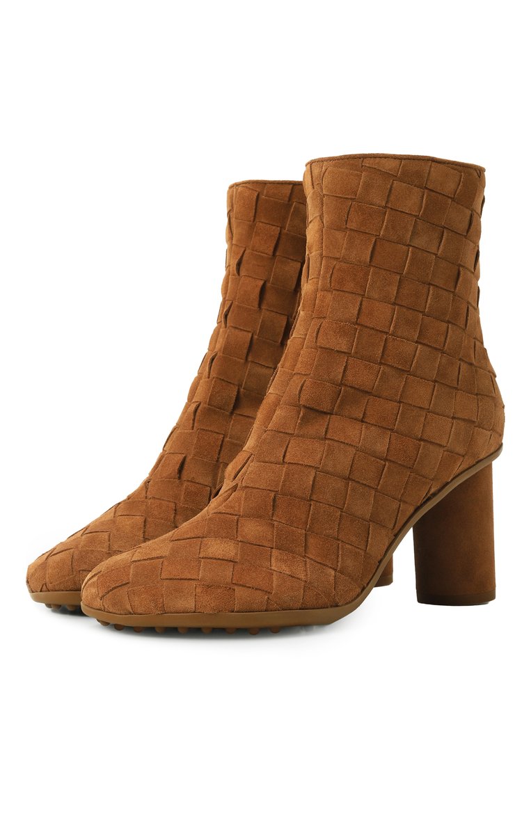 Женские замшевые ботильоны atomic BOTTEGA VENETA коричневого цвета, арт. 811087 V4JC0 | Фото 1 (Подошва: Плоская; Материал внешний: Натуральная кожа, Замша; Каблук высота: Высокий; Каблук тип: Устойчивый; Материал утеплителя: Без утеплителя)