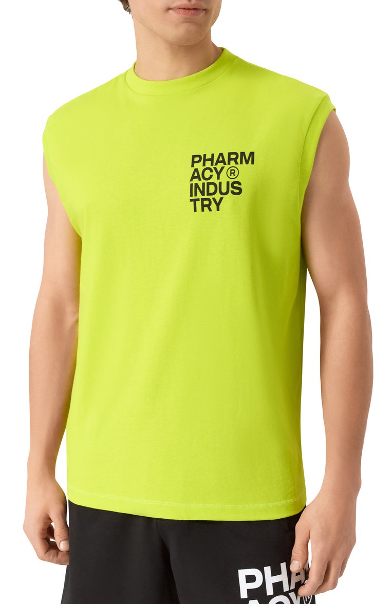 Мужская хлопковая майка PHARMACY INDUSTRY салатового цвета, арт. PHABM00173 | Фото 3 (Длина (для топов): Стандартные; Материал внешний: Хлопок; Принт: С принтом; Рукава: Без рукавов; Стили: Спорт-шик; Мужское Кросс-КТ: Футболка-одежда; Кросс-КТ: Джерси; Автоматизация состава: Проставлено; Детали: Без декора; Автоматизация ТО: Проставлено)
