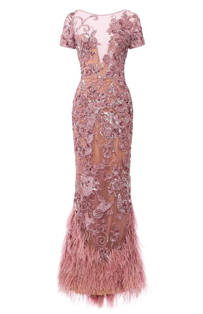 Женское платье-макси с перьями и декоративной отделкой ZUHAIR MURAD, арт. DRP18001/NFTU002