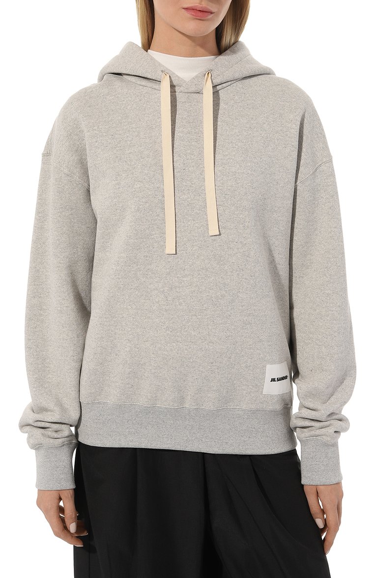 Женский хлопковое худи JIL SANDER серого цвета, арт. J40GU0104/J20010 | Фото 3 (Длина (для топов): Стандартные; Рукава: Длинные; Женское Кросс-КТ: Худи-одежда; Стили: Кэжуэл; Региональные ограничения белый список (Axapta Mercury): Не проставлено; Нос: Не проставлено; Материал внешний: Хлопок)