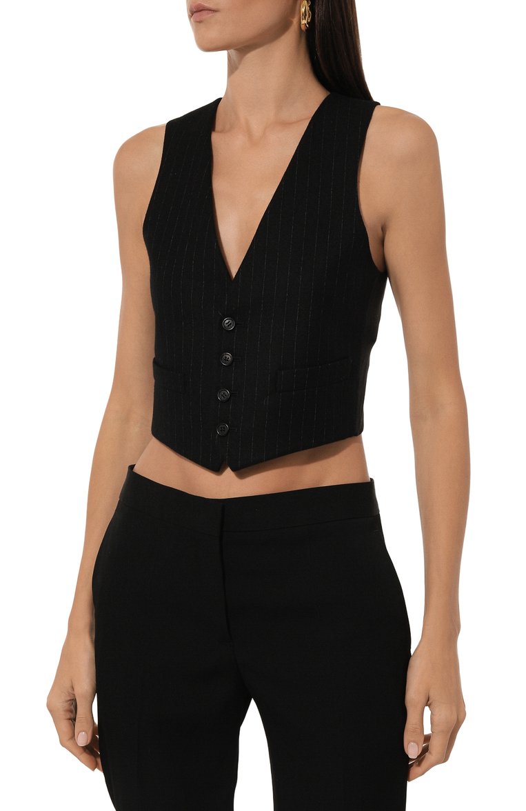 Женский шерстяной жилет SAINT LAURENT черного цвета, арт. 754870/Y5H30 | Фото 3 (Женское Кросс-КТ: Жилет-одежда; Стили: Классический; Материал внешний: Шерсть; Длина (верхняя одежда): Короткие; Автоматизация состава: Проставлено; Автоматизация ТО: Проставлено)