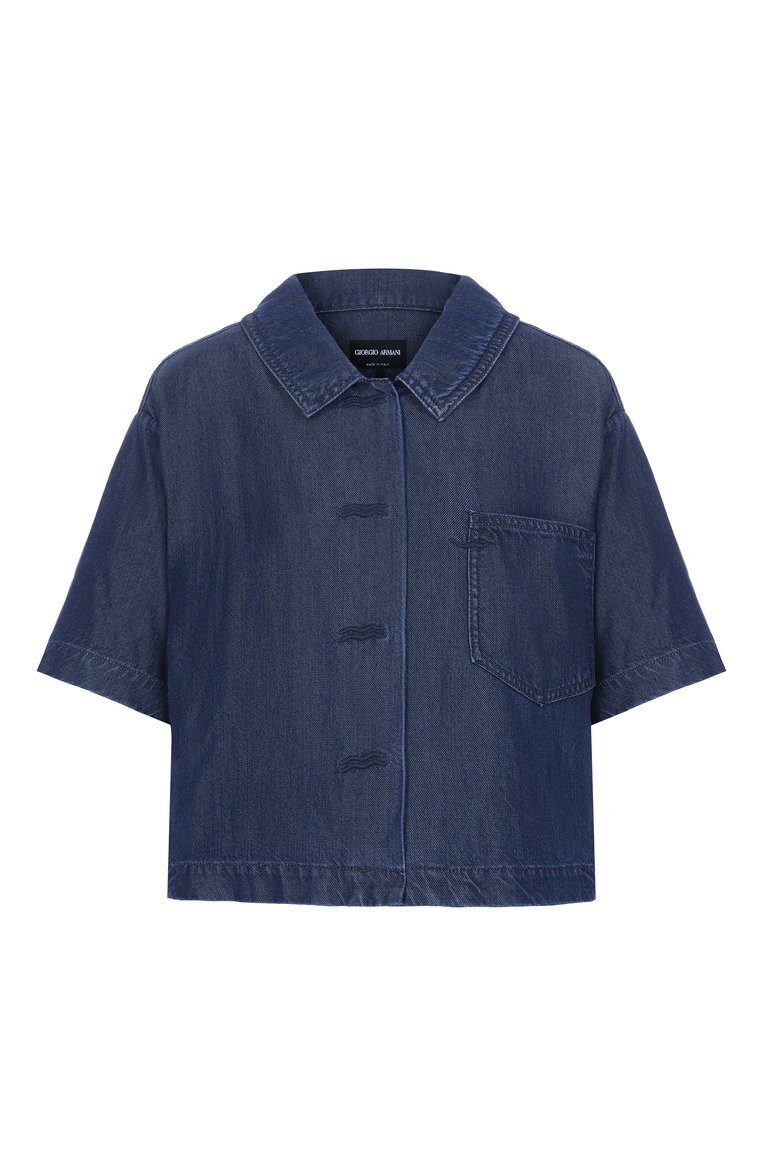 Женская джинсовая рубашка GIORGIO ARMANI синего цвета, арт. GW000765/AF15323 | Фото 1 (Длина (для топов): Стандартные; Рукава: Короткие; Материал внешний: Деним, Хлопок; Женское Кросс-КТ: Рубашка-одежда; Кросс-КТ: костюм, Деним; Стили: Кэжуэл; Принт: Без принта; Автоматизация ТО: Проставлено; Автоматизация состава: Проставлено; Детали: Декор)