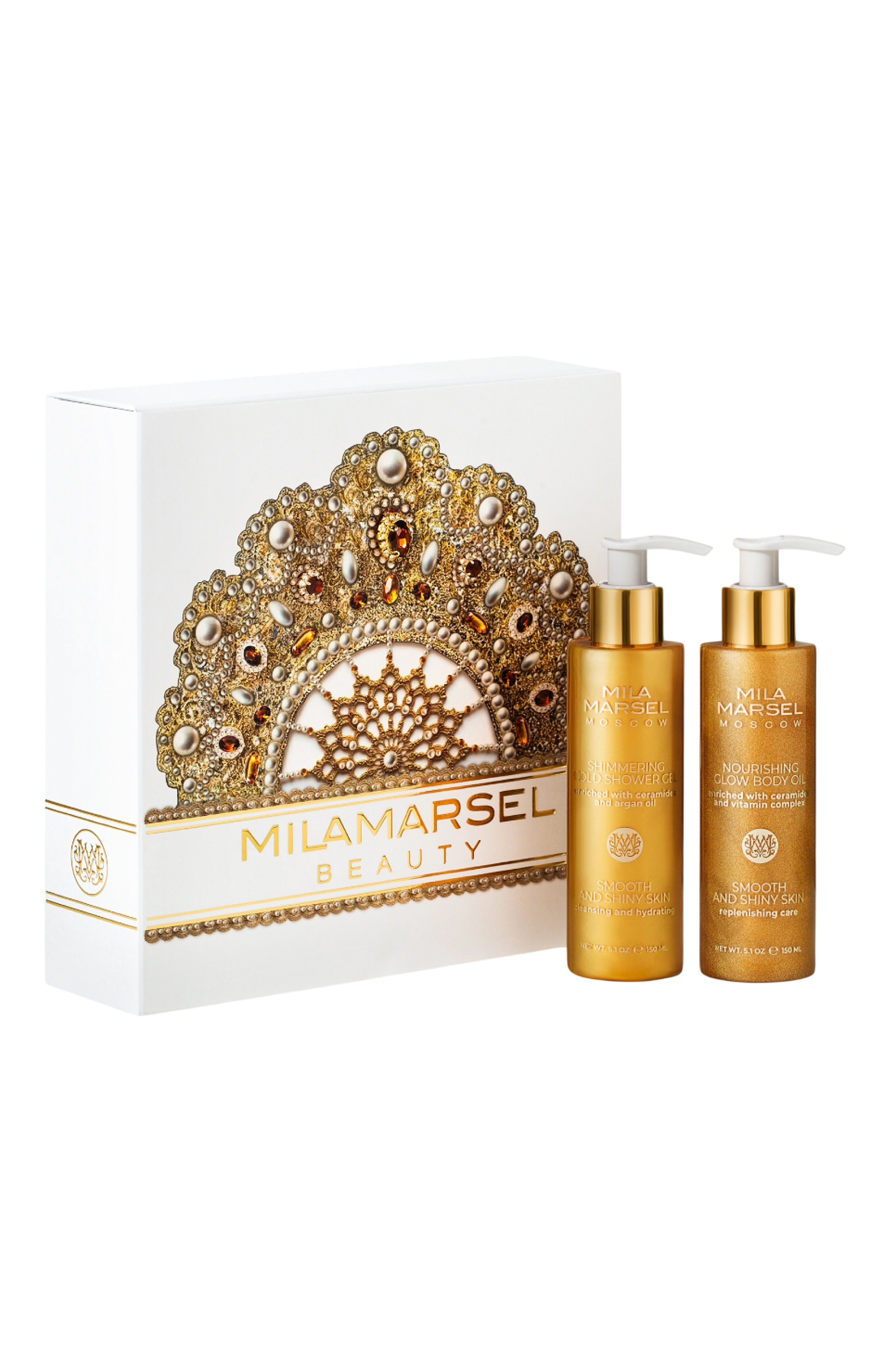Подарочный набор для ухода за телом «золотое сияние» (2x150ml) MILAMARSEL бесцветного цвета по цене 9800 руб., арт. 4630225092496, фото 4 Подарочный набор для ухода за телом «золотое сияние» (2x150ml) MILAMARSEL, арт. 4630225092496, фото 4