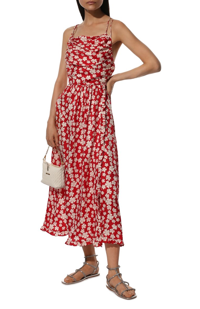 Женское шелковое платье MIU MIU красного цвета, арт. MF4509-10LD-F057S | Фото 2 (Длина Ж (юбки, платья, шорты): Миди; Материал вн�ешний: Шелк; Стили: Романтичный; Случай: Повседневный; Женское Кросс-КТ: Платье-одежда, Сарафаны; Материал сплава: Проставлено; Драгоценные камни: Проставлено; Нос: Не проставлено; Региональные ограничения белый список (Axapta Mercury): Не проставлено; Рукава: На бретелях)