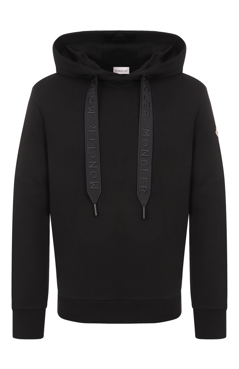 Мужской хлопковое худи MONCLER черного цвета, арт. 8G00023/809KR | Фото 1 (Длина (для топов): Стандартные; Рукава: Длинные; Материал внешний: Хлопок; Мужское Кросс-КТ: Худи-одежда; Принт: Без принта; Стили: Спорт-шик; Автоматизация состава: Проставлено; Автоматизация ТО: Проставлено; Детали: Без декора)