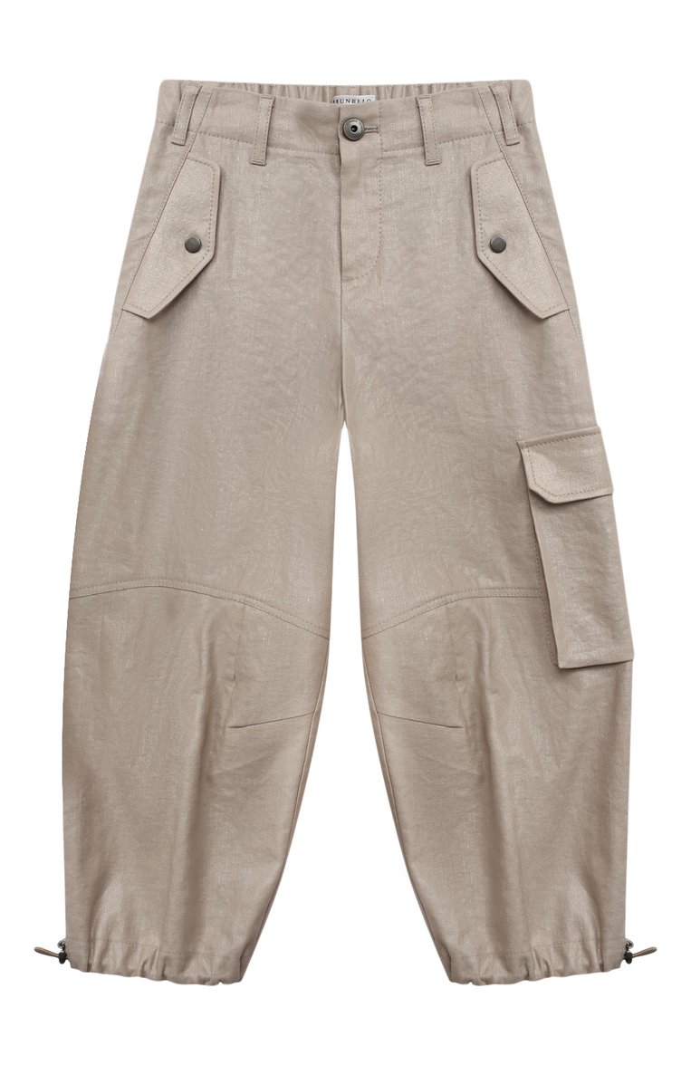 Детские брюки из хлопка и льна BRUNELLO CUCINELLI бежевого цвета, арт. BH500S286B | Фото 1 (Материал внешний: Лен, Хлопок; Материал сплава: Проставлено; Нос: Не проставлено; Случай: Повседневный; Ростовка одежда: 8 лет | 128 см, 10 - 11 лет | 140 - 146см)