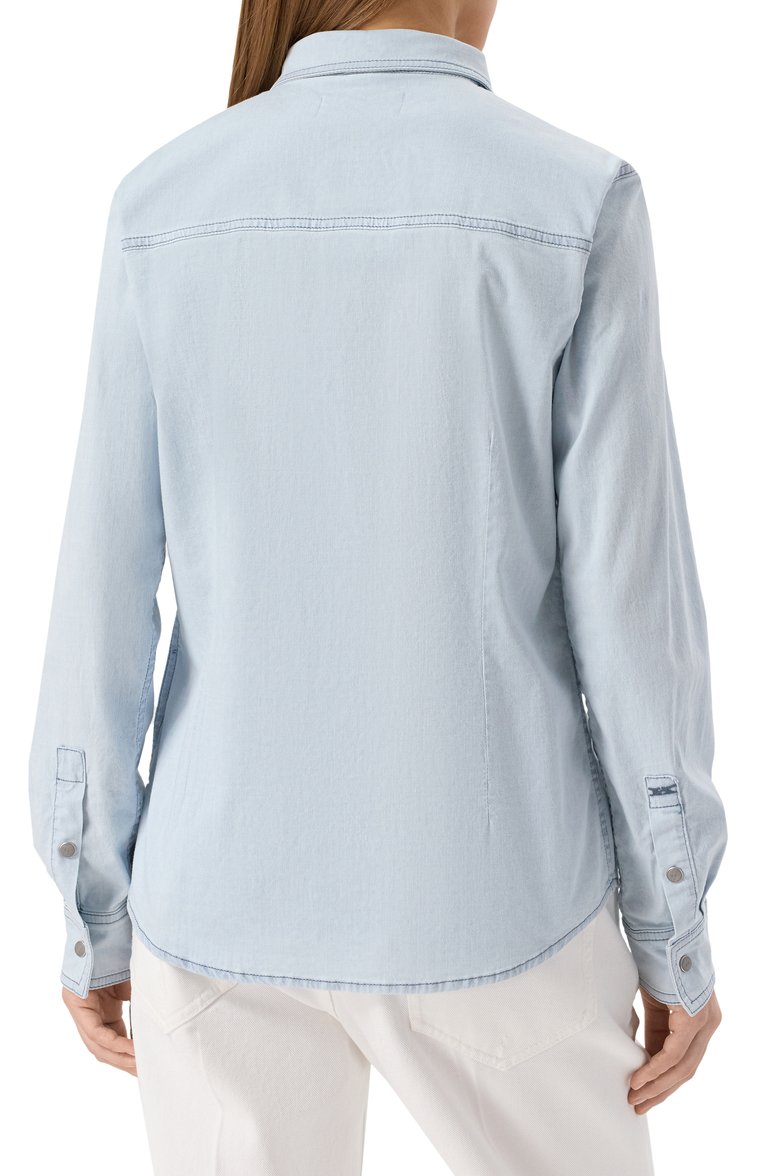 Женская джинсовая рубашка KITON голубого цвета, арт. DJ59401K0931F01 | Фото 4 (Материал внешний: Хлопок, Деним; Рукава: Длинные; Автоматизация состава: Проставлено; Автоматизация ТО: Проставлено; Длина (для топов): Стандартные; Принт: Без принта; Женское Кросс-КТ: Рубашка-одежда; Кросс-КТ: Деним; Стили: Кэжуэл)
