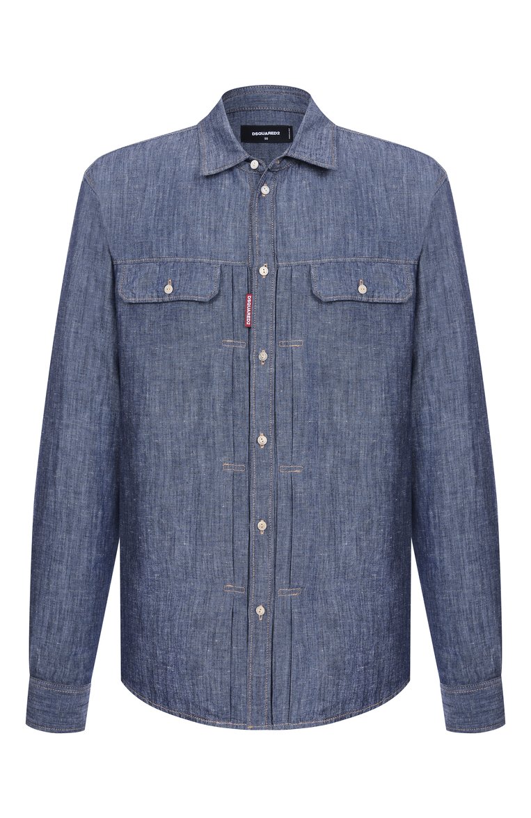 Мужская рубашка из хлопка и льна DSQUARED2 синего цвета, арт. S74DM0896/D30012 | Фото 1 (Длина (для топов): Стандартные; Материал внешний: Лен, Хлопок, Деним; Рукава: Длинные; Кросс-КТ: Деним; Принт: Однотонные; Манжеты: На пуговицах; Воротник: Кент; Случай: Повседневный; Стили: Кэжуэл)