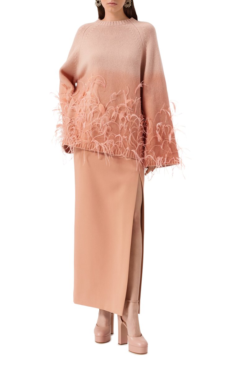 Женский свитер из шерсти и кашемира ELIE SAAB светло-розового цвета, арт. T0100 | Фото 2 (Рукава: Длинные; Длина (для топов): Стандартные; Материал внешний: Шерсть; Материал сплава: Проставлено; Драгоценные камни: Проставлено; Женское Кросс-КТ: Свитер-одежда; Стили: Романтичный)
