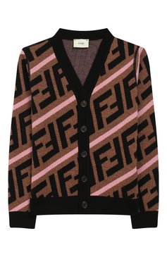 Детский шерстяной кардиган FENDI коричневого цвета, арт. JFG050/A8L7/10A-12+ | Фото 1 (Материал внешний: Шерсть; Рукава: Длинные; Девочки Кросс-КТ: Кардиган-одежда; Статус проверки: Проверена категория; Драгоценные камни: Проставлено; Материал сплава: Проставлено; Ростовка одежда: 10 - 11 лет | 140 - 146см, 12 лет | 152 см)